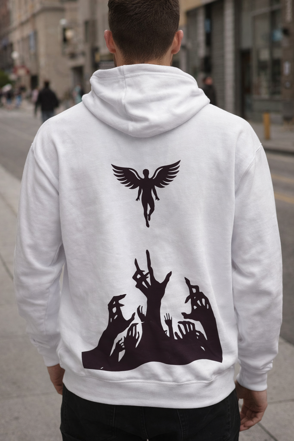men’s white guardian angel silhouette graphic hoodie