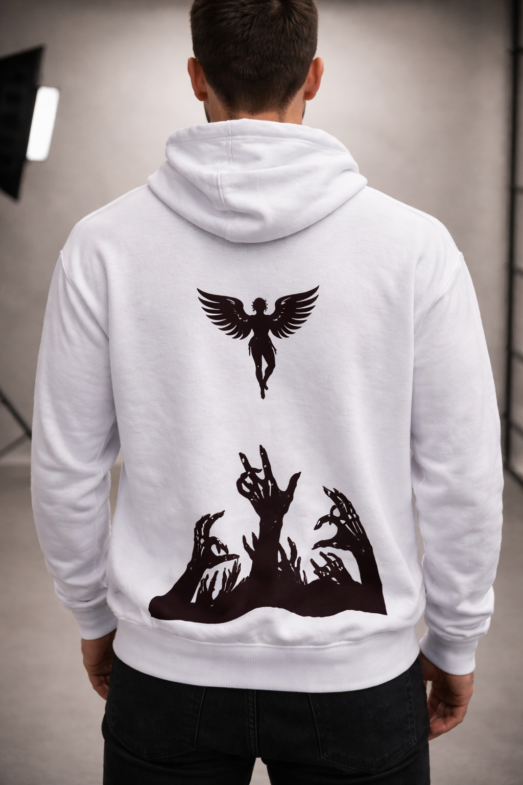 men’s white guardian angel silhouette graphic hoodie