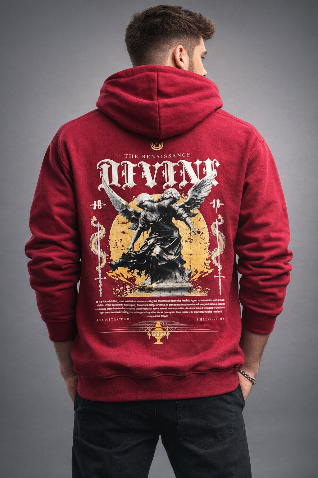 Men’s Maroon “Divine Renaissance” Angel Graphic Hoodie