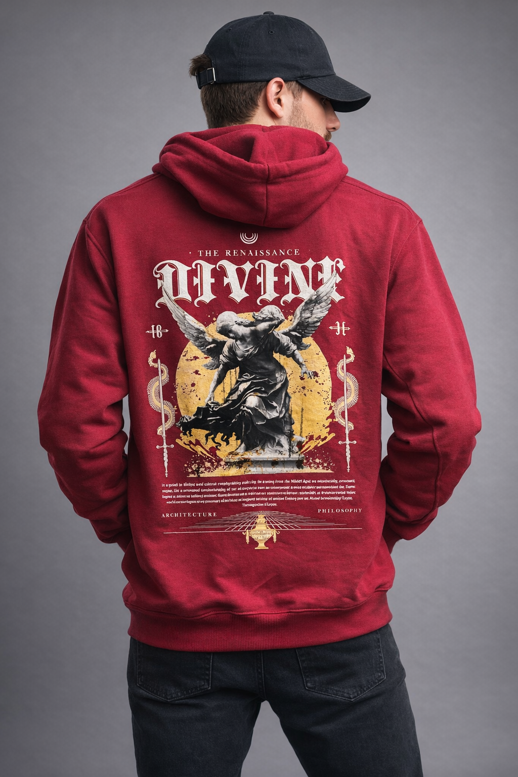 men’s maroon “divine renaissance” angel graphic hoodie