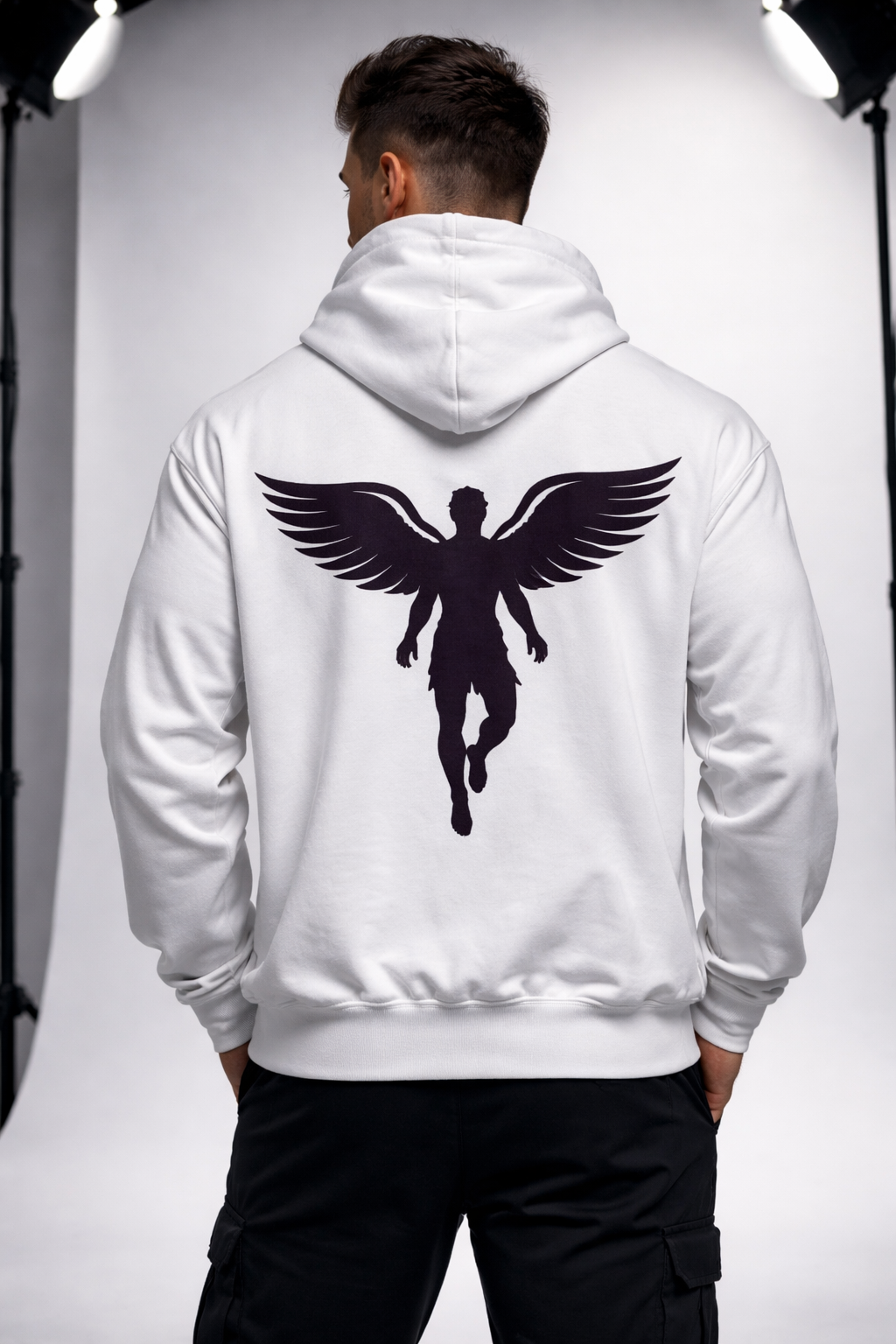 Men’s White Winged Angel Silhouette Back Hoodie