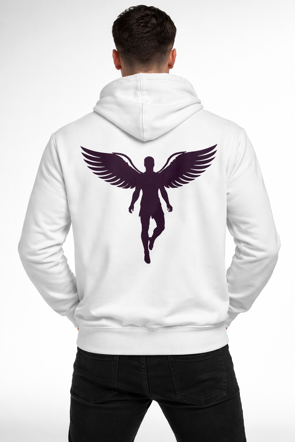 Men’s White Winged Angel Silhouette Back Hoodie