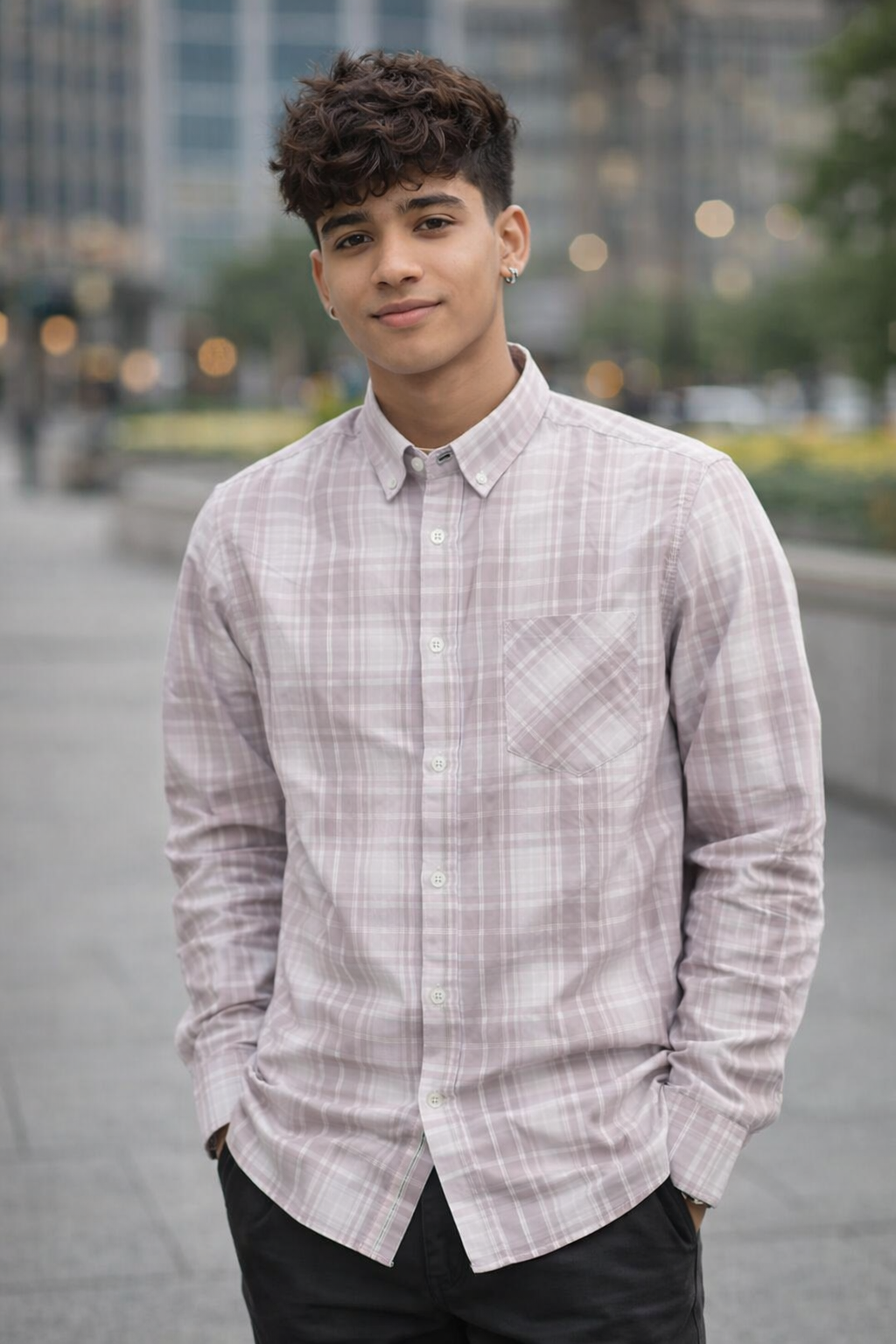 Men's Beige & White Checkered Casual Shirt - Long Sleeve Button-Down Cotton Blend