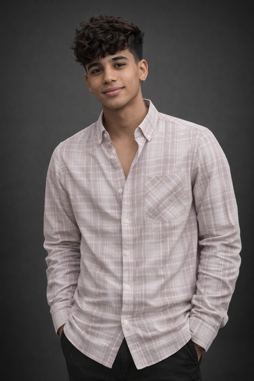 Men's Beige & White Checkered Casual Shirt - Long Sleeve Button-Down Cotton Blend