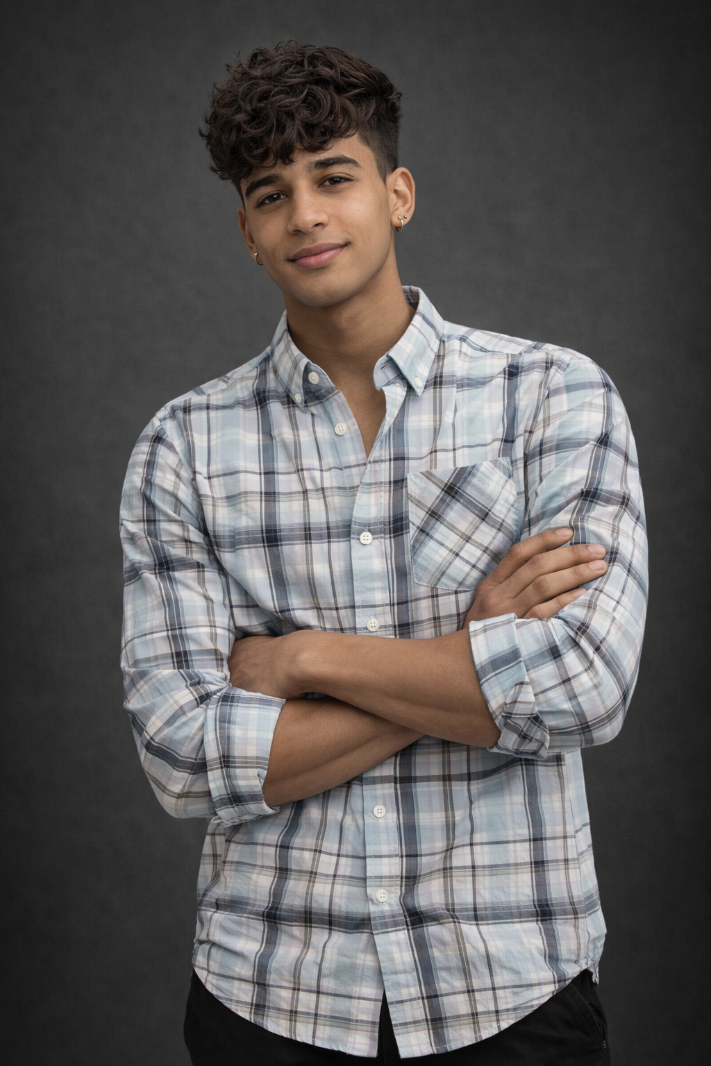 Men’s Light Blue & White Checkered Casual Shirt – Long Sleeve Button-Down Cotton Blend