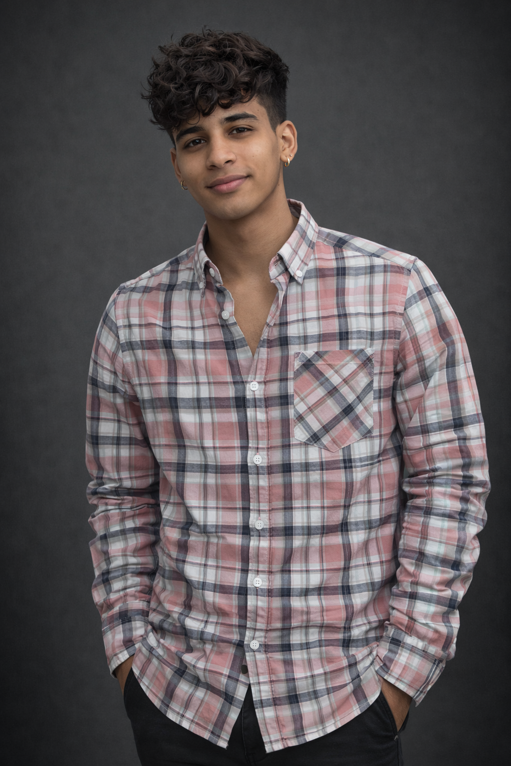 Men’s Red & Navy Checkered Casual Shirt – Long Sleeve Button-Down Cotton Blend