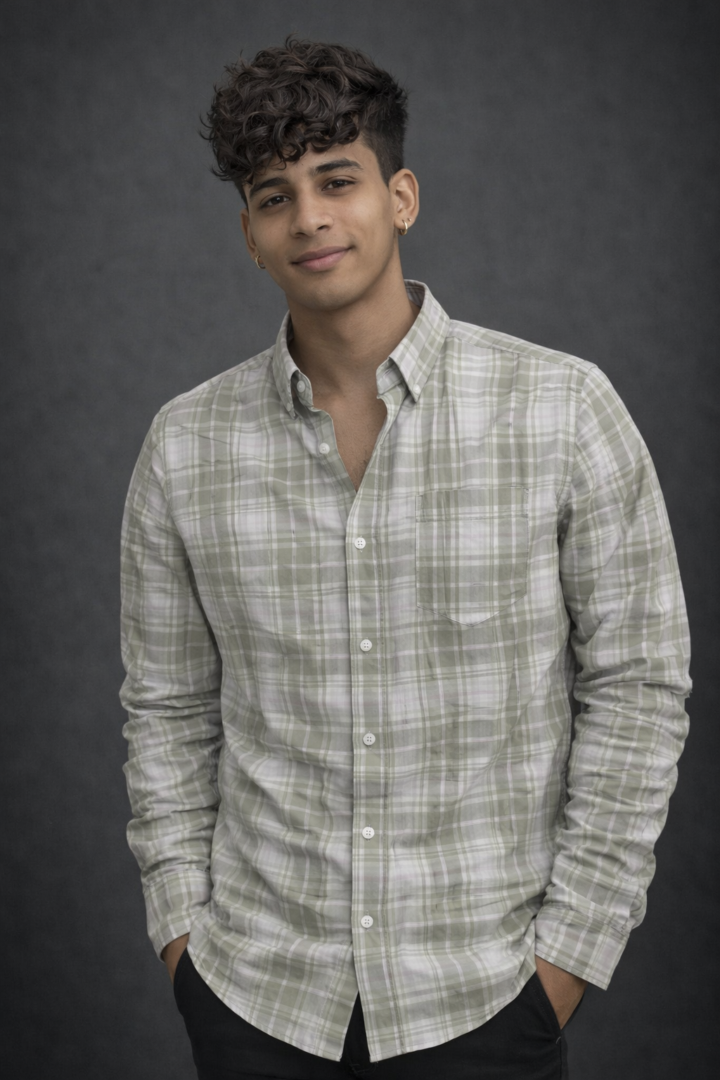 Men’s Olive Green & White Checkered Casual Shirt – Long Sleeve Button-Down Cotton