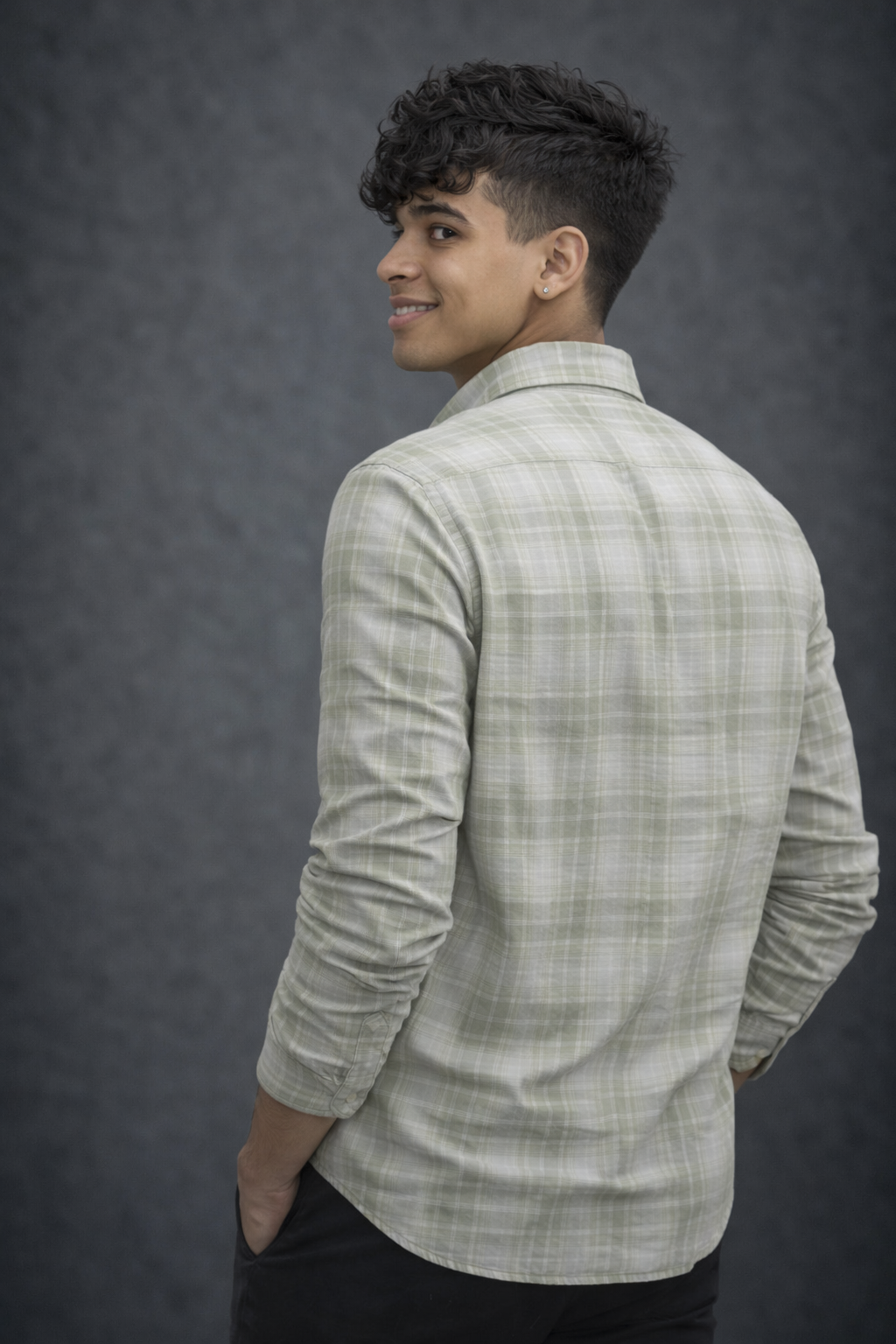 Men’s Olive Green & White Checkered Casual Shirt – Long Sleeve Button-Down Cotton