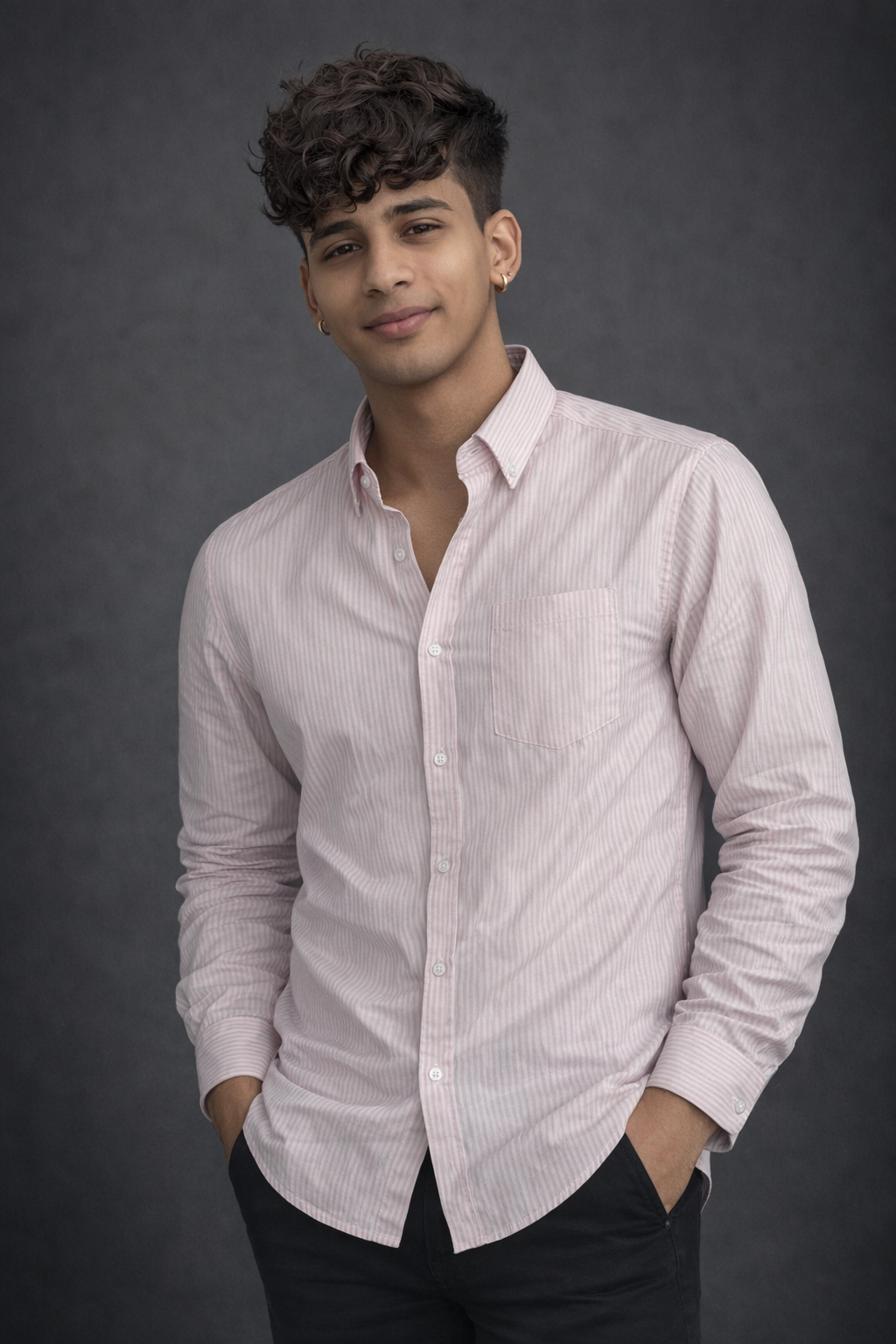 Men’s Light Pink Striped Casual Shirt – Long Sleeve Button-Down Cotton