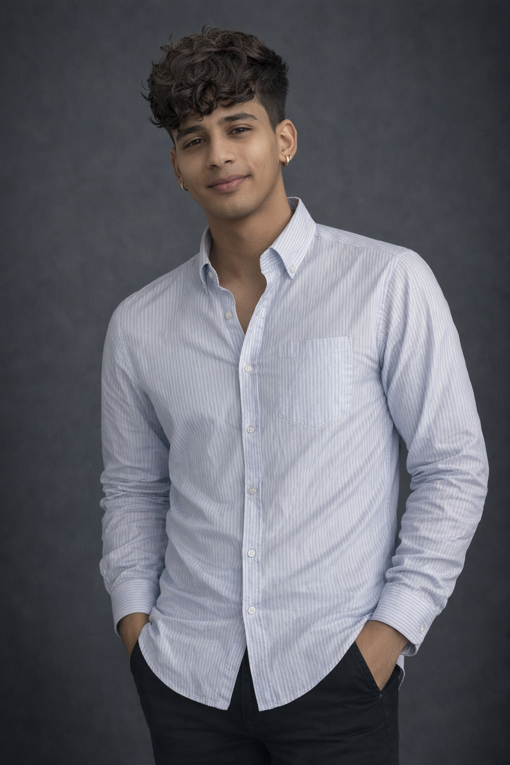 Men’s Light Blue Striped Casual Shirt – Long Sleeve Button-Down Cotton