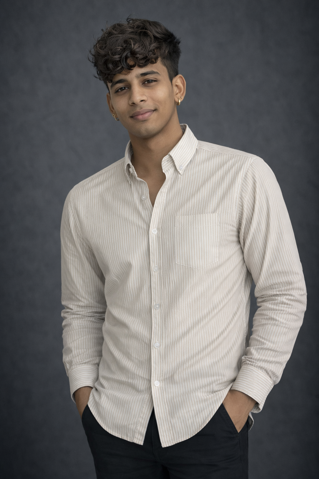 Men’s Beige Striped Casual Shirt – Long Sleeve Button-Down Cotton