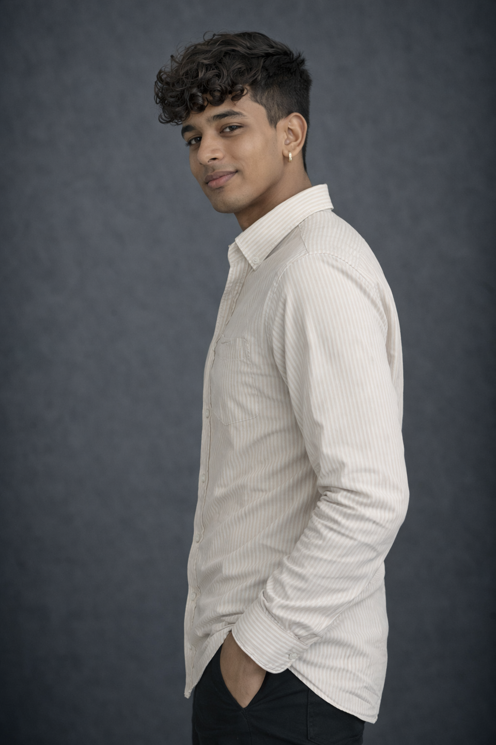 Men’s Beige Striped Casual Shirt – Long Sleeve Button-Down Cotton