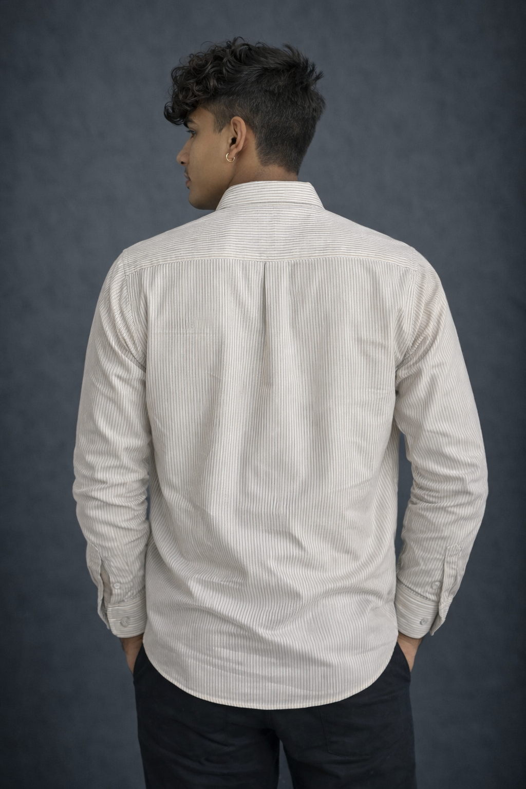 Men’s Beige Striped Casual Shirt – Long Sleeve Button-Down Cotton