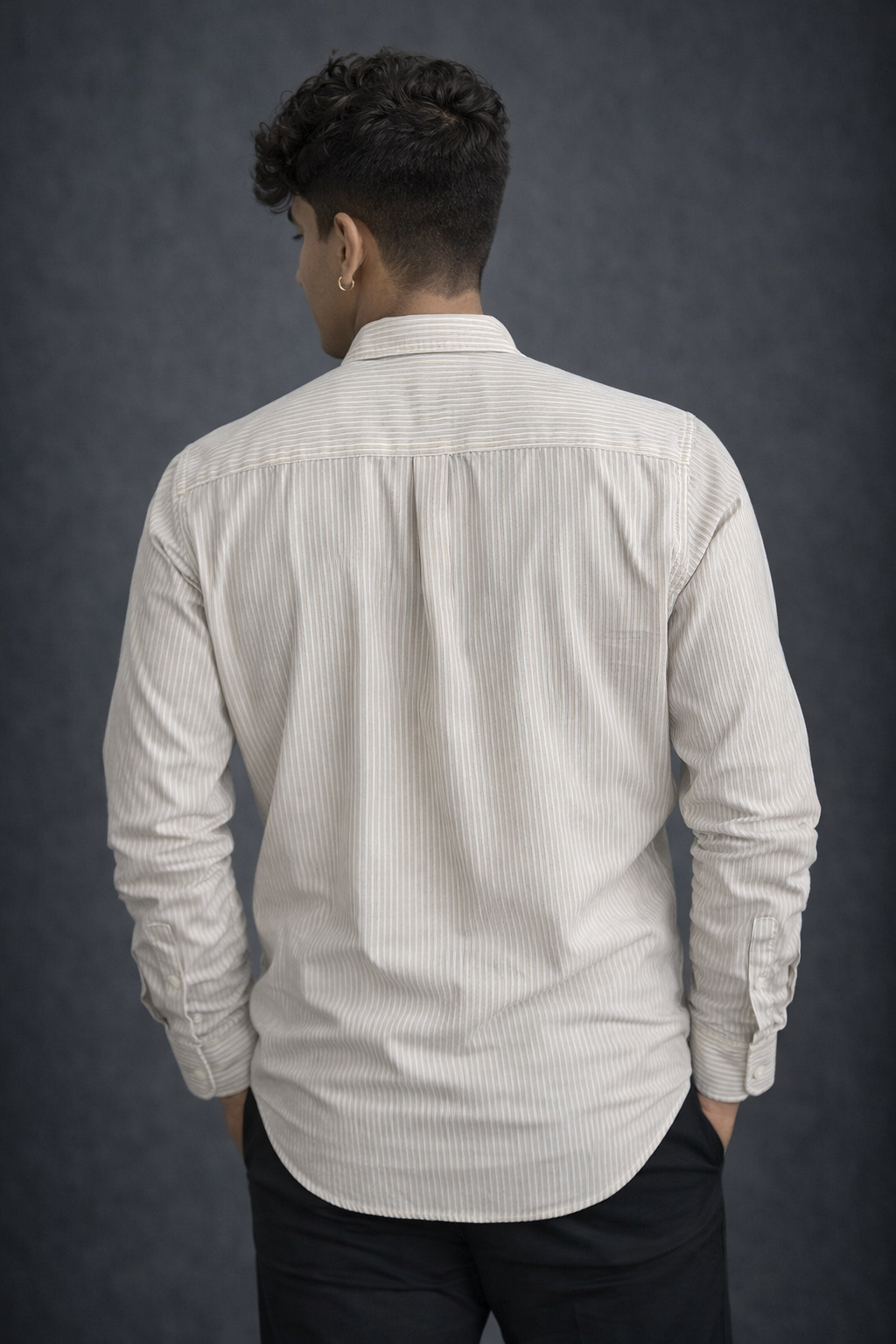 Men’s Beige Striped Casual Shirt – Long Sleeve Button-Down Cotton