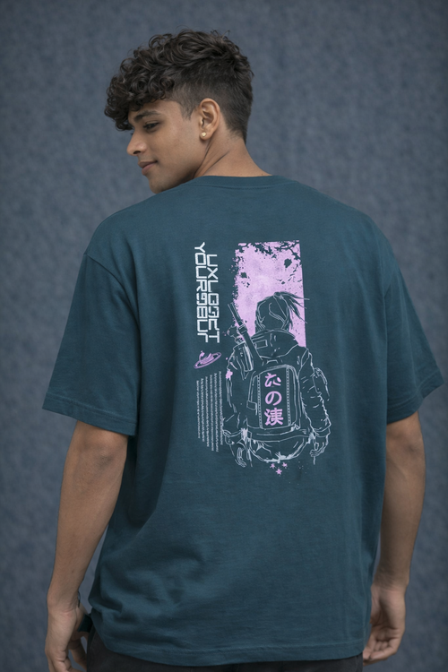 Cyberpunk Anime Graphic Oversized T-Shirt – Urban Streetwear Back Print Tee (Teal Green)
