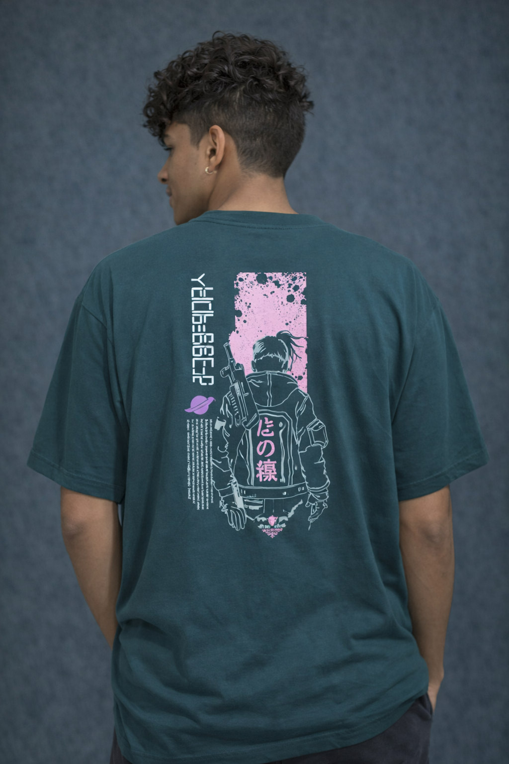 Cyberpunk Anime Graphic Oversized T-Shirt – Urban Streetwear Back Print Tee (Teal Green)