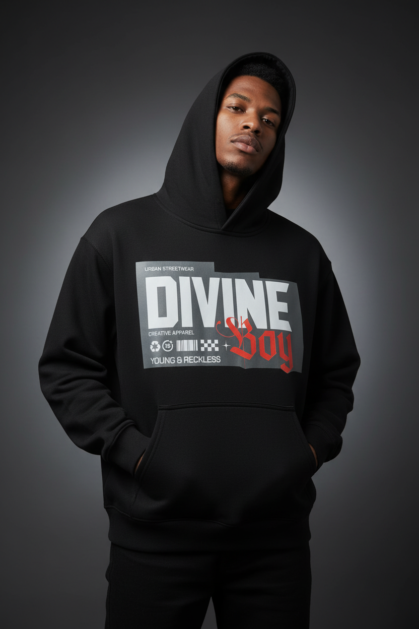 Men’s Black “Divine Boy” Urban Streetwear Hoodie