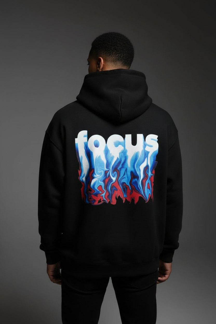 Men’s Black “FOCUS” Flame Graphic Back Hoodie