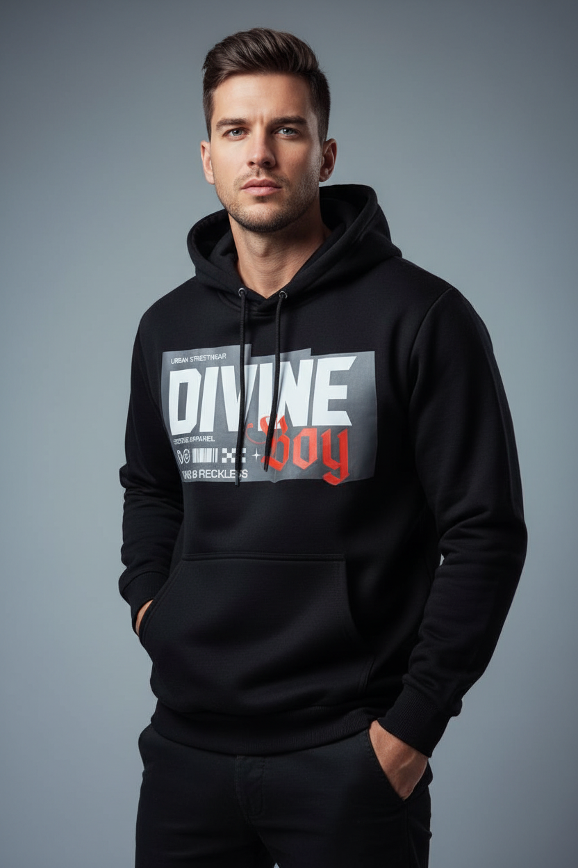 Men’s Black “Divine Boy” Urban Streetwear Hoodie
