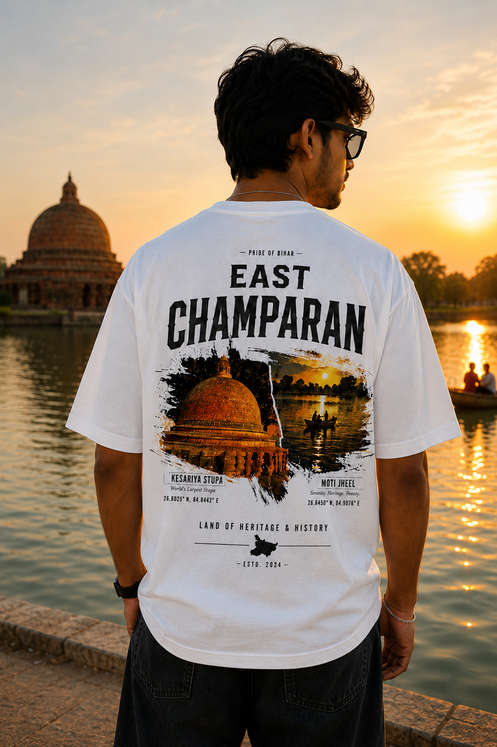 east champaran heritage oversized t-shirt | kesariya stupa & moti jheel graphic