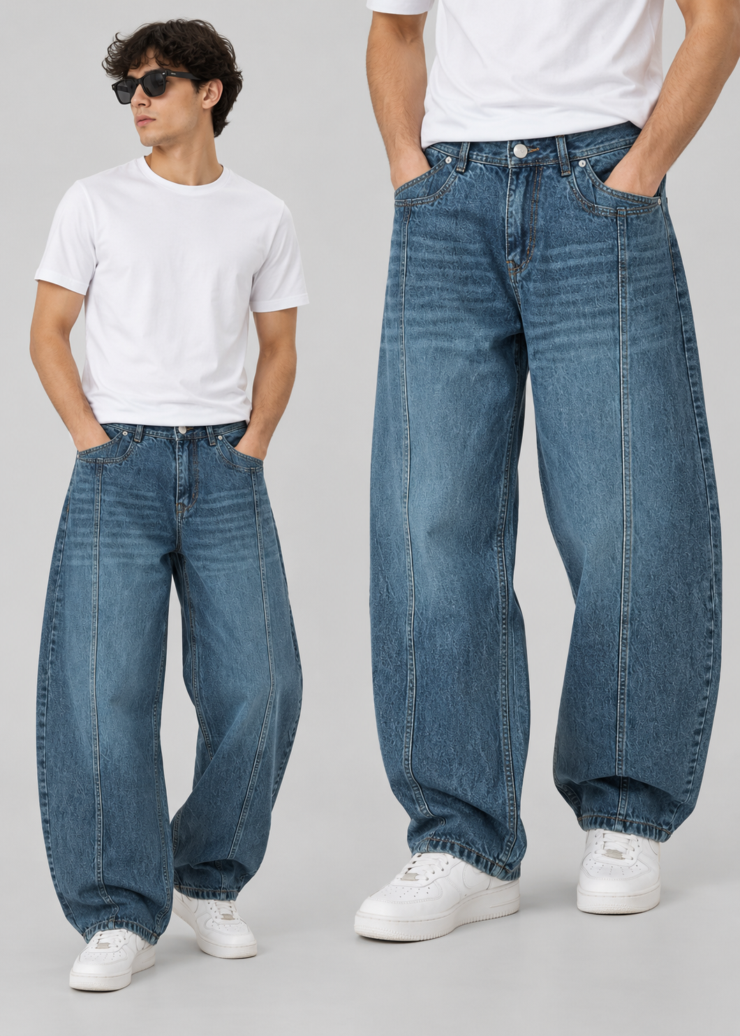 men’s blue stone-washed faded barrel-fit jeans | the divine