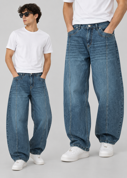 Men’s Blue Stone-Washed Faded Barrel-Fit Jeans | THE DIVINE