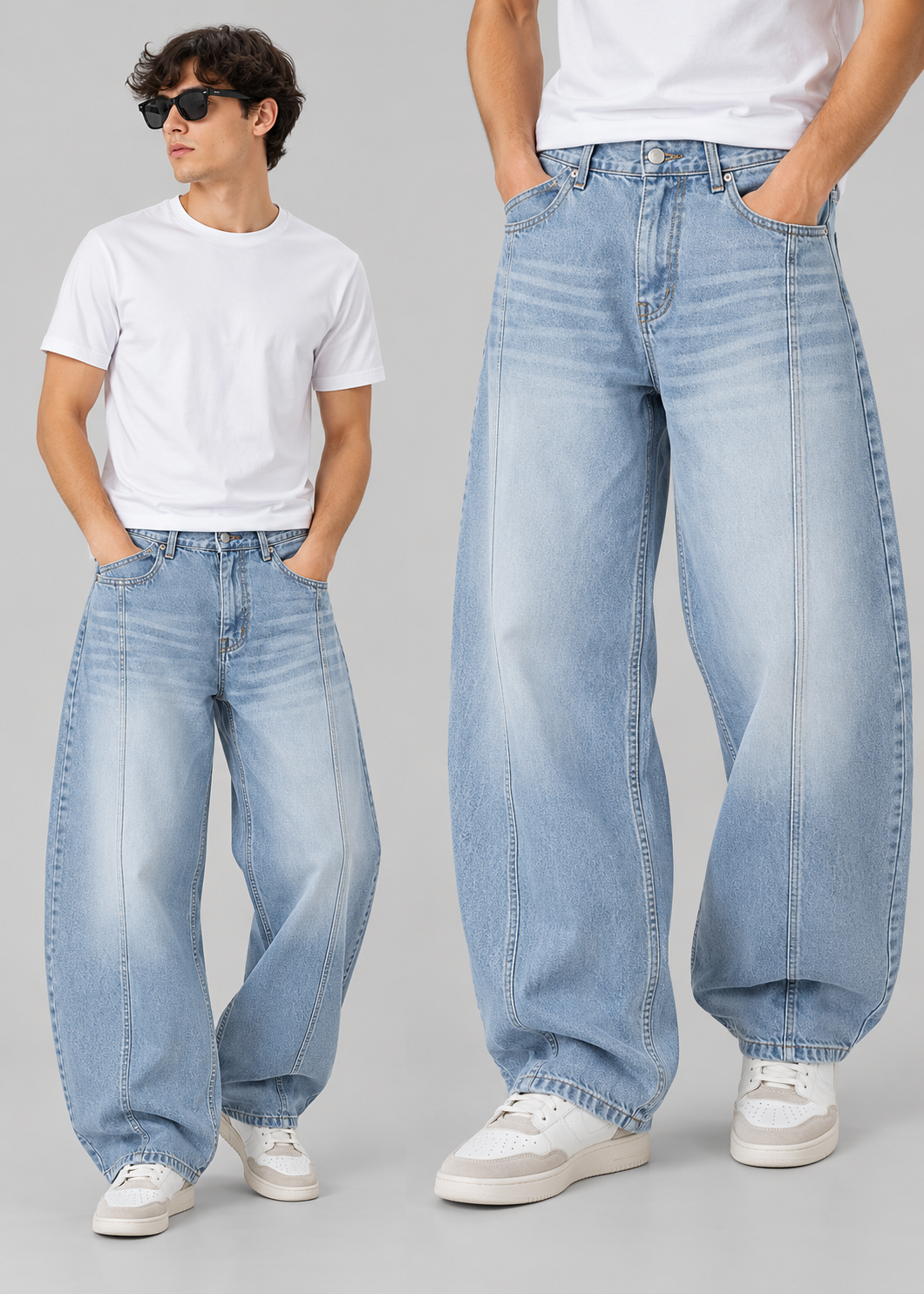 men’s light blue stone-washed faded barrel-fit jeans | the divine