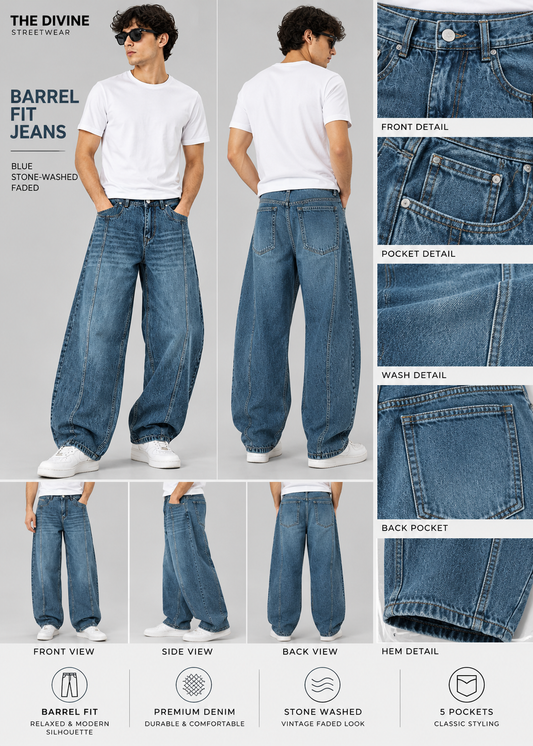 Men’s Blue Stone-Washed Faded Barrel-Fit Jeans | THE DIVINE
