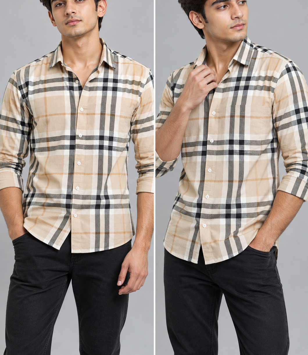 men’s beige & black check cotton shirt | the divine