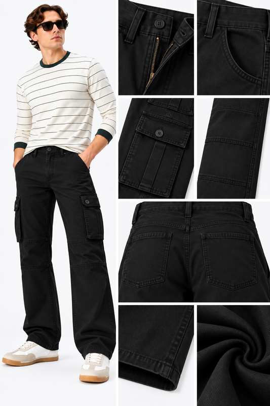 Men's Black 6 Pocket Straight Cargo Pants|THE DIVINE