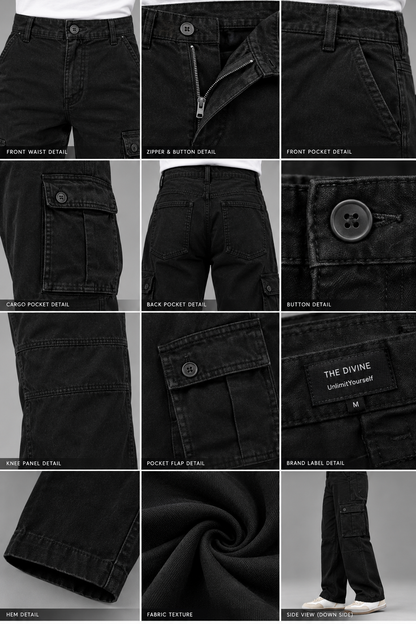 Men's Black 6 Pocket Straight Cargo Pants|THE DIVINE
