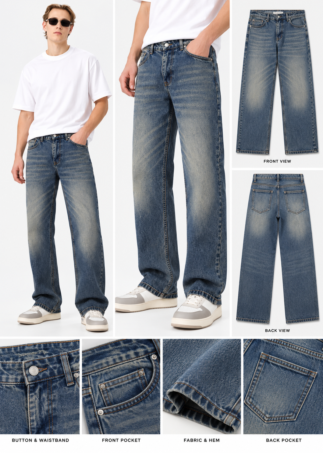 men’s blue stone washed faded baggy-fit jeans |the divine