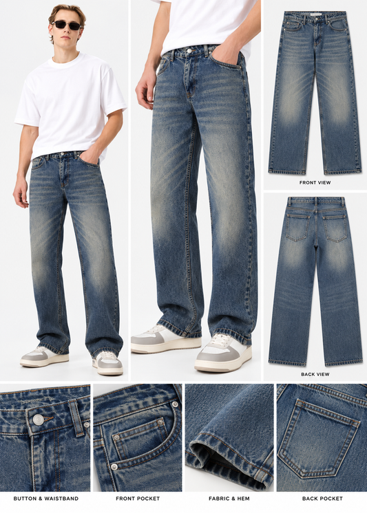 Men’s Blue Stone Washed Faded Baggy-Fit Jeans |THE DIVINE