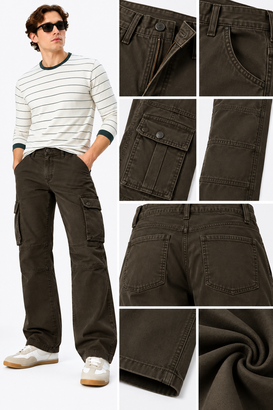 Men's Brown 6 Pocket Straight Cargo Pants|THE DIVINE