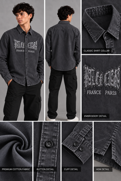 Men’s Black Washed Graphic Embroidered Boxy Fit Full-Sleeve Shirt | THE DIVINE