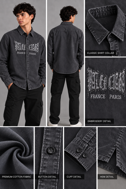 Men’s Black Washed Graphic Embroidered Boxy Fit Full-Sleeve Shirt | THE DIVINE