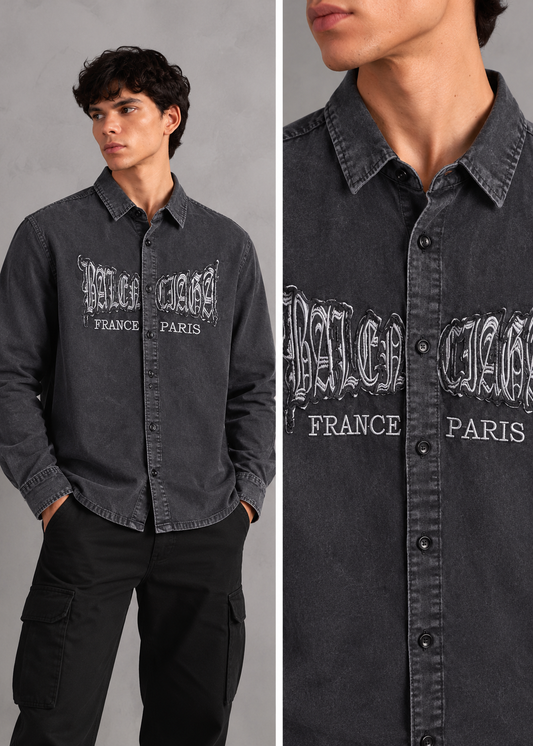 Men’s Black Washed Graphic Embroidered Boxy Fit Full-Sleeve Shirt | THE DIVINE