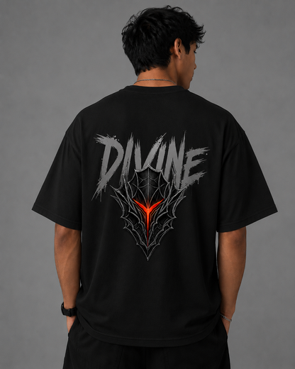 Divine Oversized Graphic T-Shirt – Spider Web Back Print | Premium Cotton | Unisex | Black