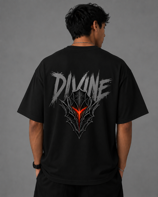 Divine Oversized Graphic T-Shirt – Spider Web Back Print | Premium Cotton | Unisex | Black