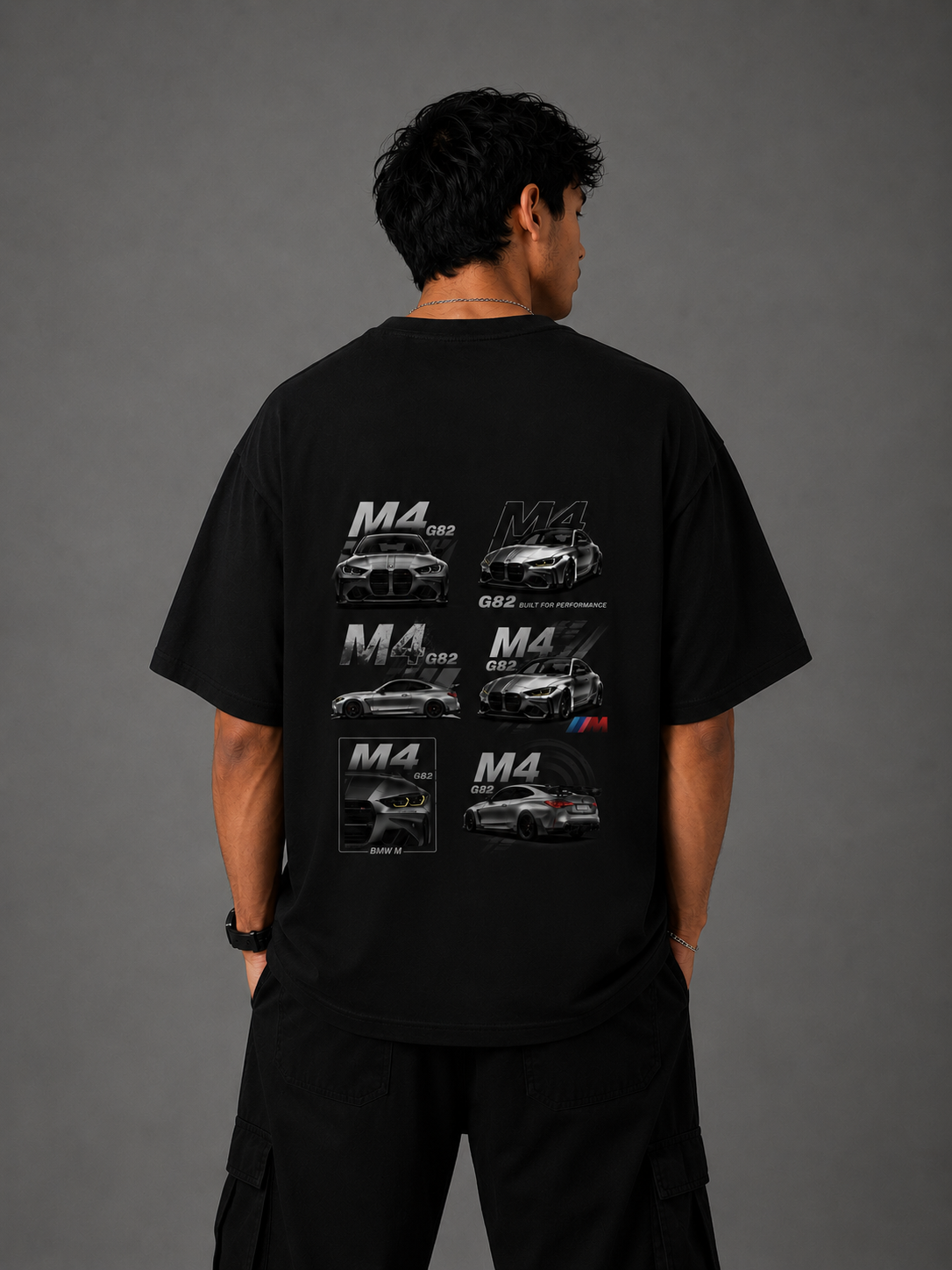 bmw m4 g82 collage oversized t-shirt | black performance car graphic tee | the divine