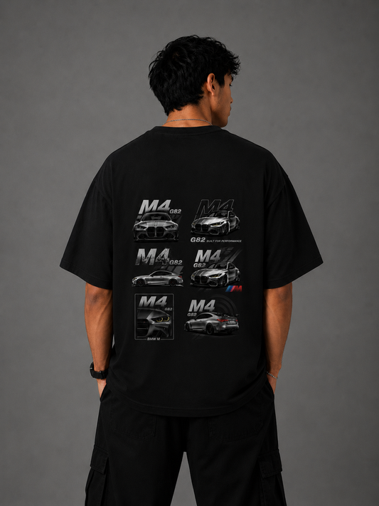 BMW M4 G82 Collage Oversized T-Shirt | Black Performance Car Graphic Tee | The Divine