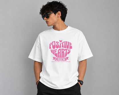 Positive Hearts Crew Oversized T-Shirt | White Graphic Cotton Tee