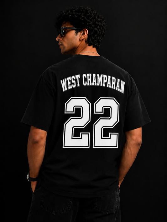 West Champaran 22 Oversized Graphic T-Shirt for Men | Premium Cotton Varsity Back Print Tee | White
