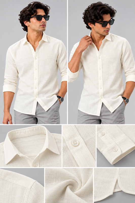 Men's Off White Linen Shirt Regular Fit|THE DIVINE