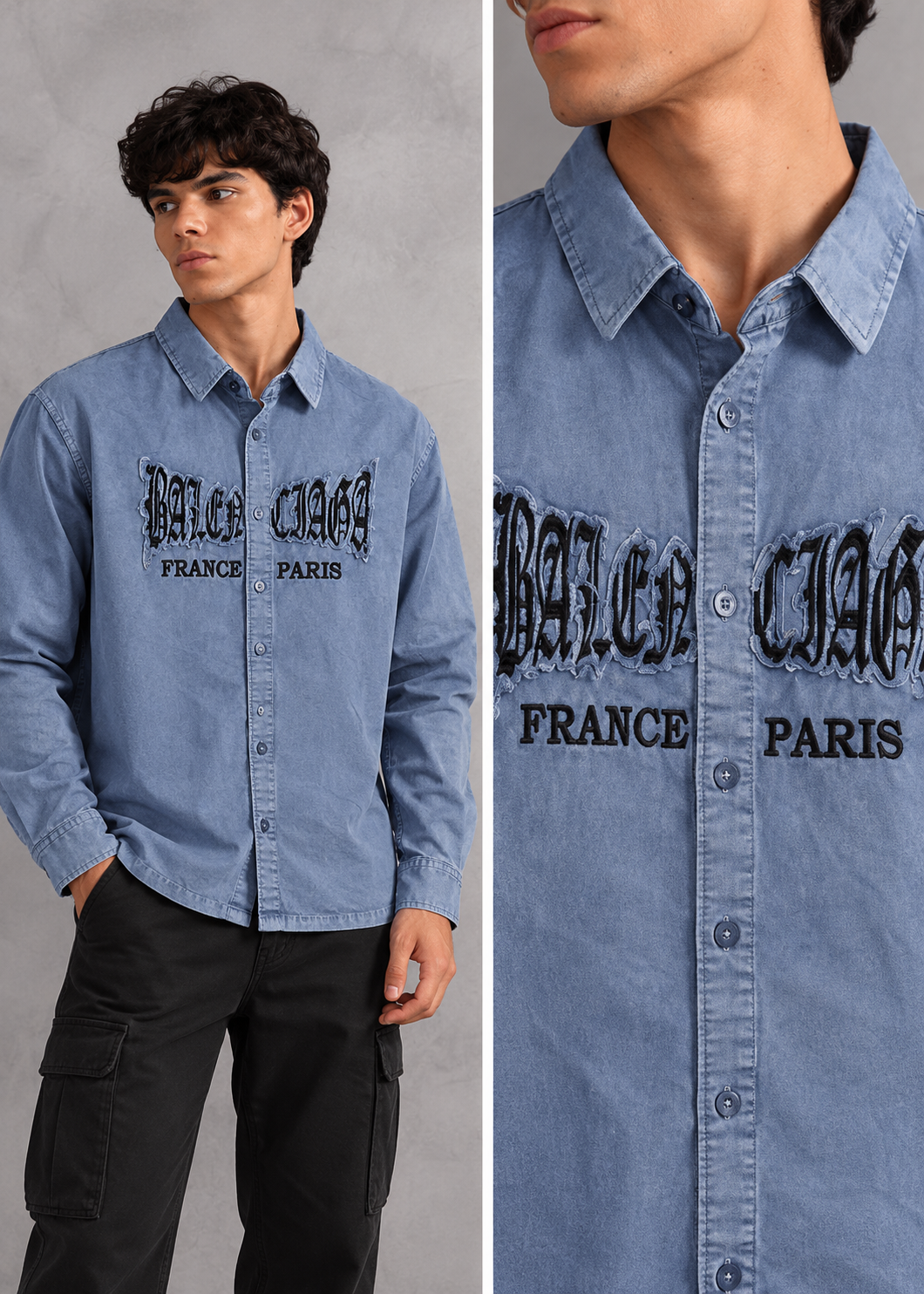 men’s blue washed graphic embroidered boxy fit full-sleeve shirt | the divine