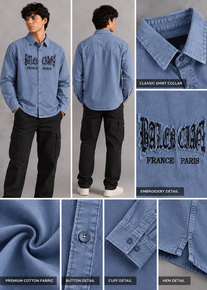 Men’s Blue Washed Graphic Embroidered Boxy Fit Full-Sleeve Shirt | THE DIVINE