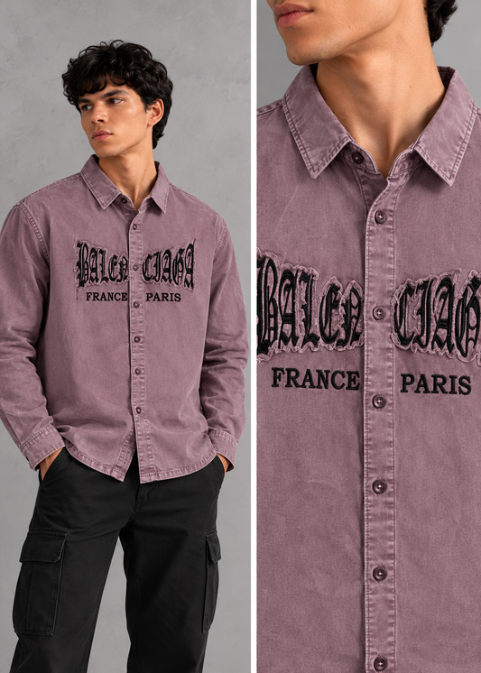Men’s Mauve Washed Graphic Embroidered boxy Fit Full-Sleeve Shirt | THE DIVINE
