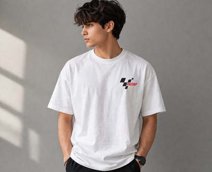 Ride Fight Win Motorcycle Oversized T-Shirt | White Graphic Back Print Tee