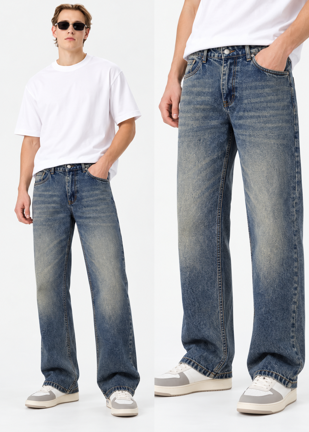 men’s blue stone washed faded baggy-fit jeans |the divine