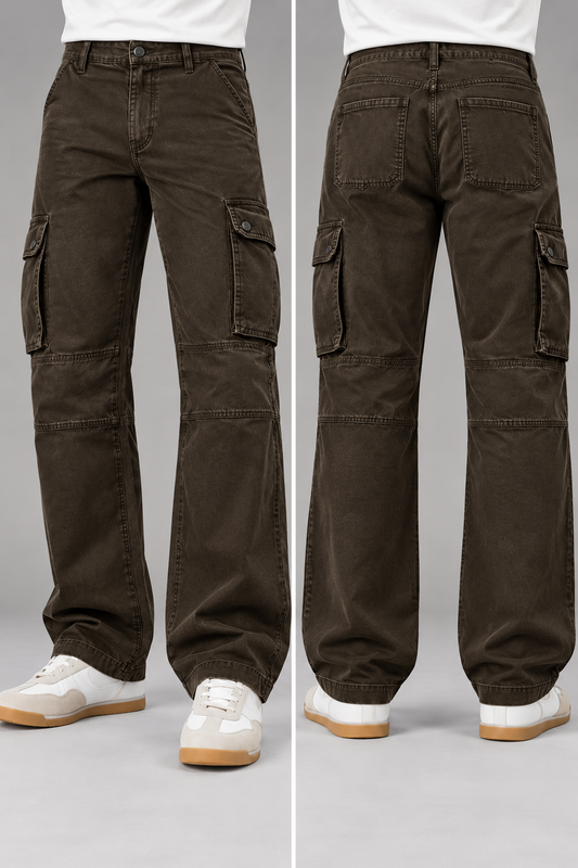 Men's Brown 6 Pocket Straight Cargo Pants|THE DIVINE